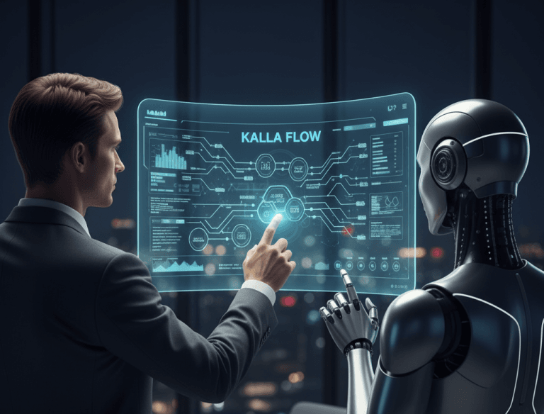 Ihminen ja AI-agentti työskentelevät yhdessä KALLA FLOW -alustalla futuristisen datanäytön ääressä. Symboloi ihmisen ja tekoälyn saumatonta yhteistyötä liiketoiminnan automatisoinnissa.